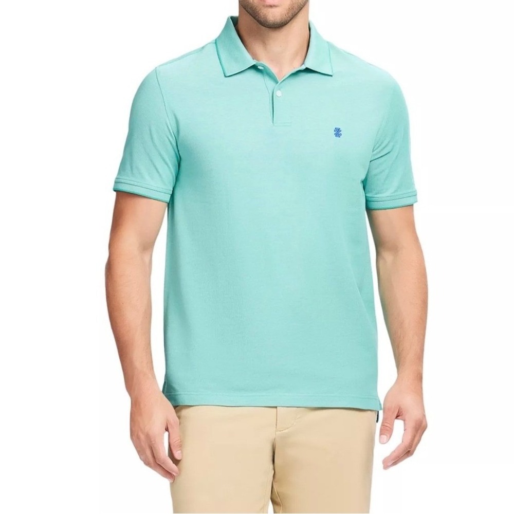 IZOD Golf Polo Shirt Mens Large Teal‎ Blue Short Sleeve Striped Performance Top